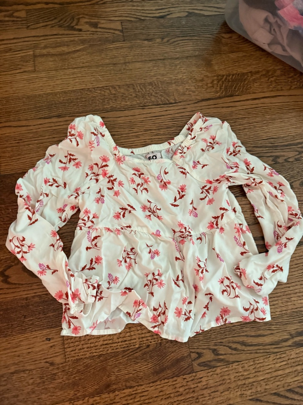 Floral Pink and White Long-Sleeve Peasant Top
